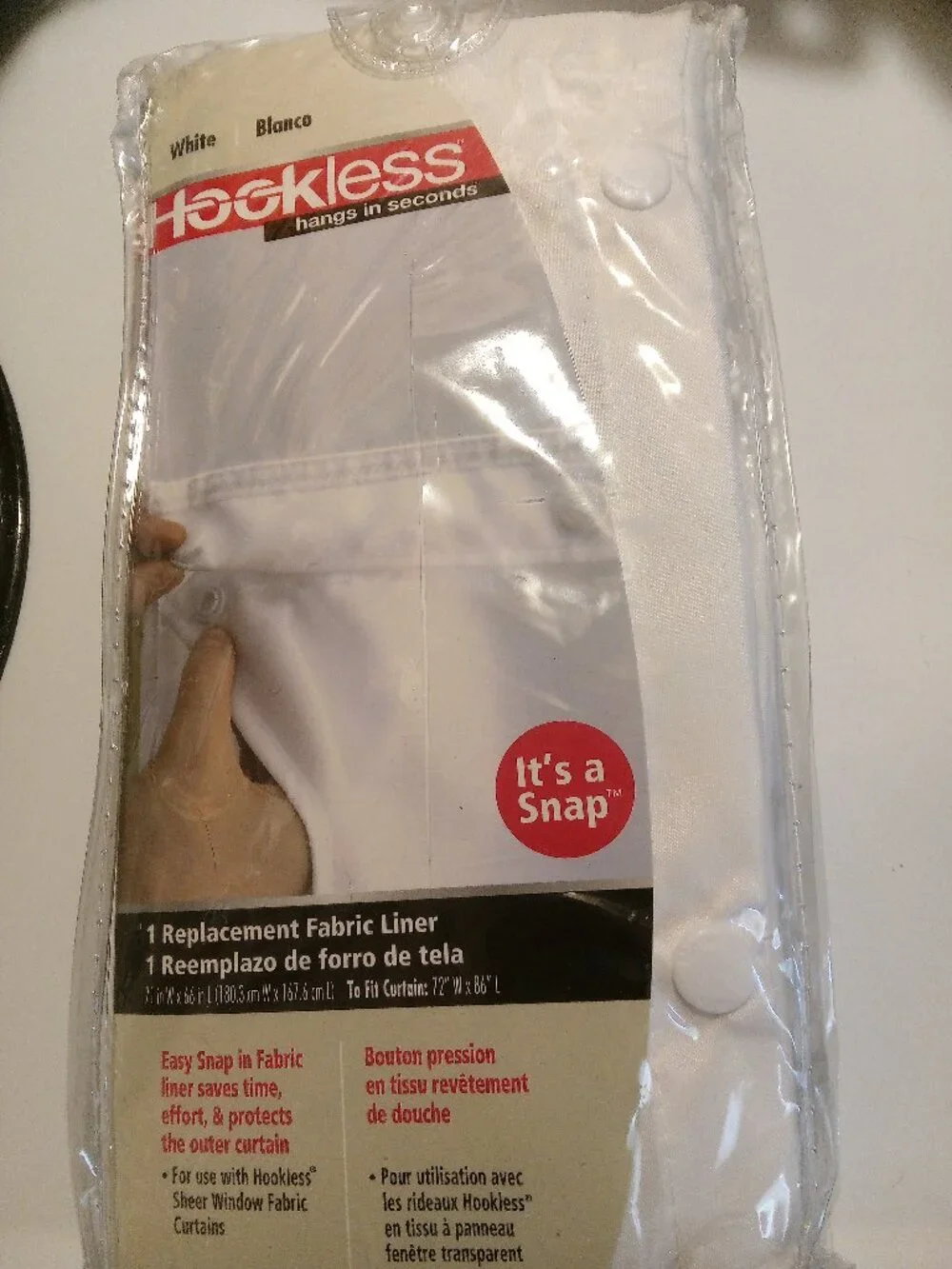 New white hookless fabric liner for shower